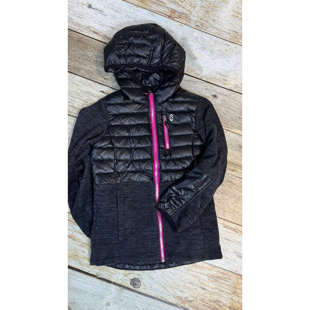 FREE COUNTRY SOFT SHELL FLEECE LINED HOODED ZIP JACKET GIRLS L (7-8) BLACK &PINK